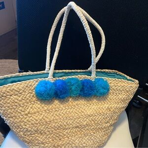 Straw Tote Beach Bag with Blue Pom-Poms